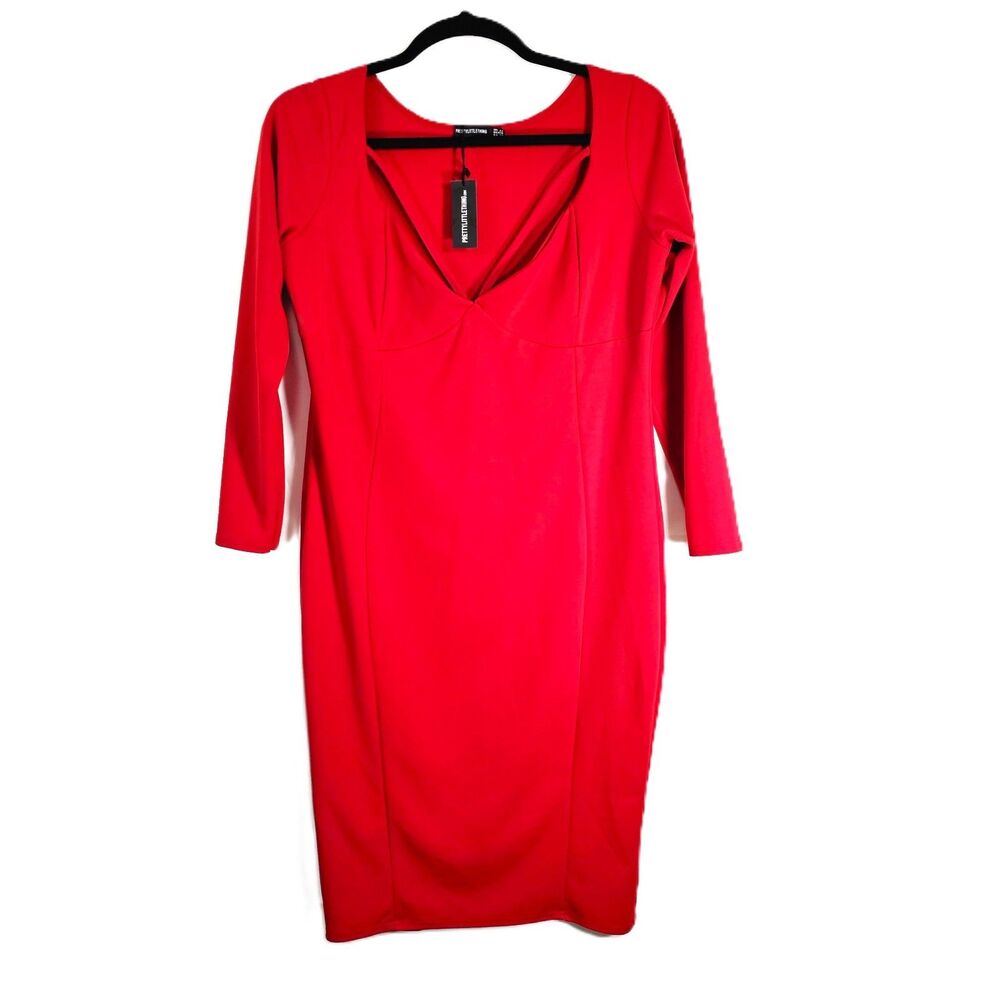 PrettyLittleThing Red Bodycon Dress 22 Long Sleeve Party Holiday Date Night NWT
